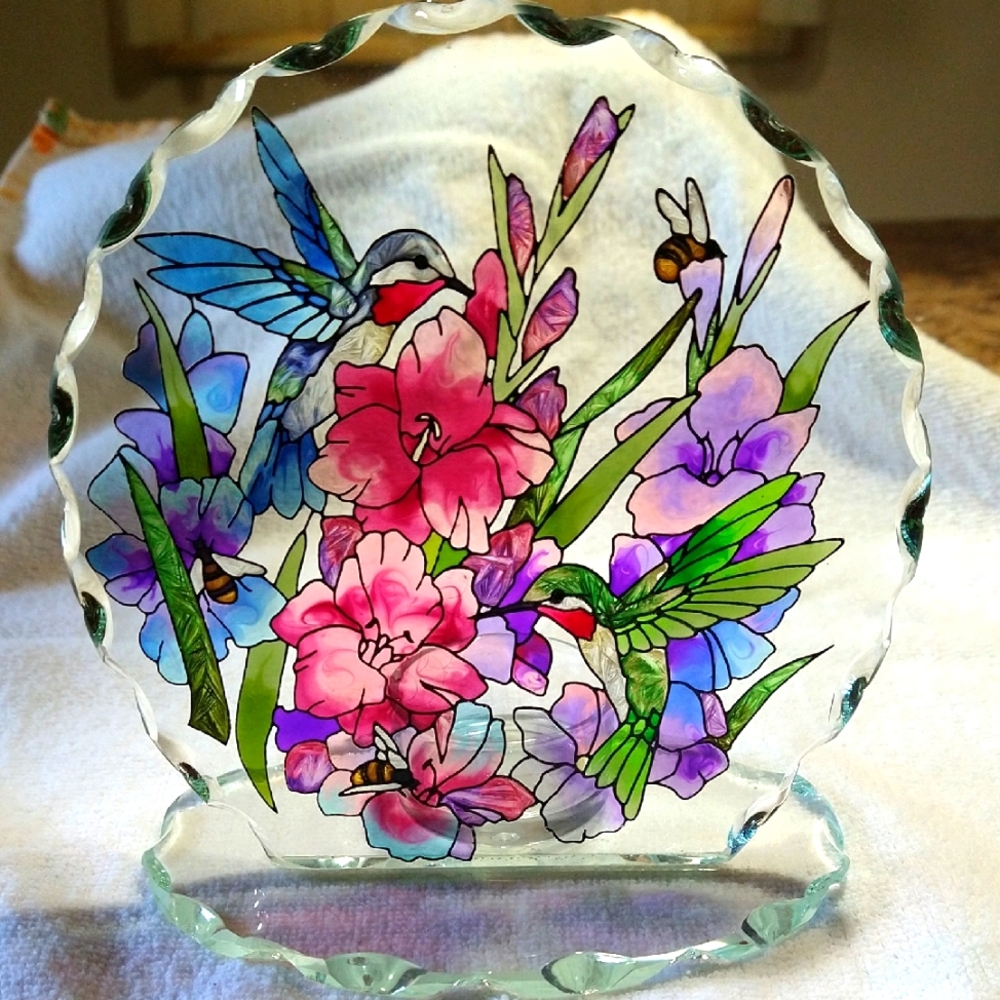 Colorful Stained Glass Votive Holder with Hummingbirds
